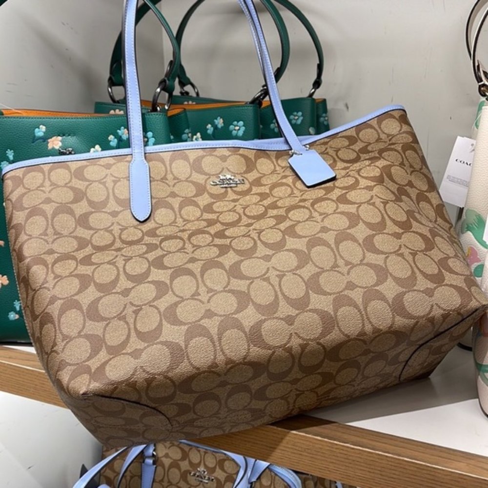 Coach 5696 City Tote In Signature Canvas In Khaki/Marble Blue - Picture 10 of 16